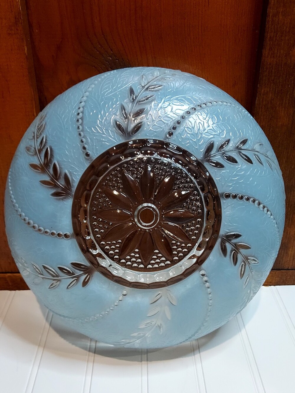 Vintage 1930 Art Deco Blue Frosted Glass Ceiling Light Cover Vine Leaf 10"